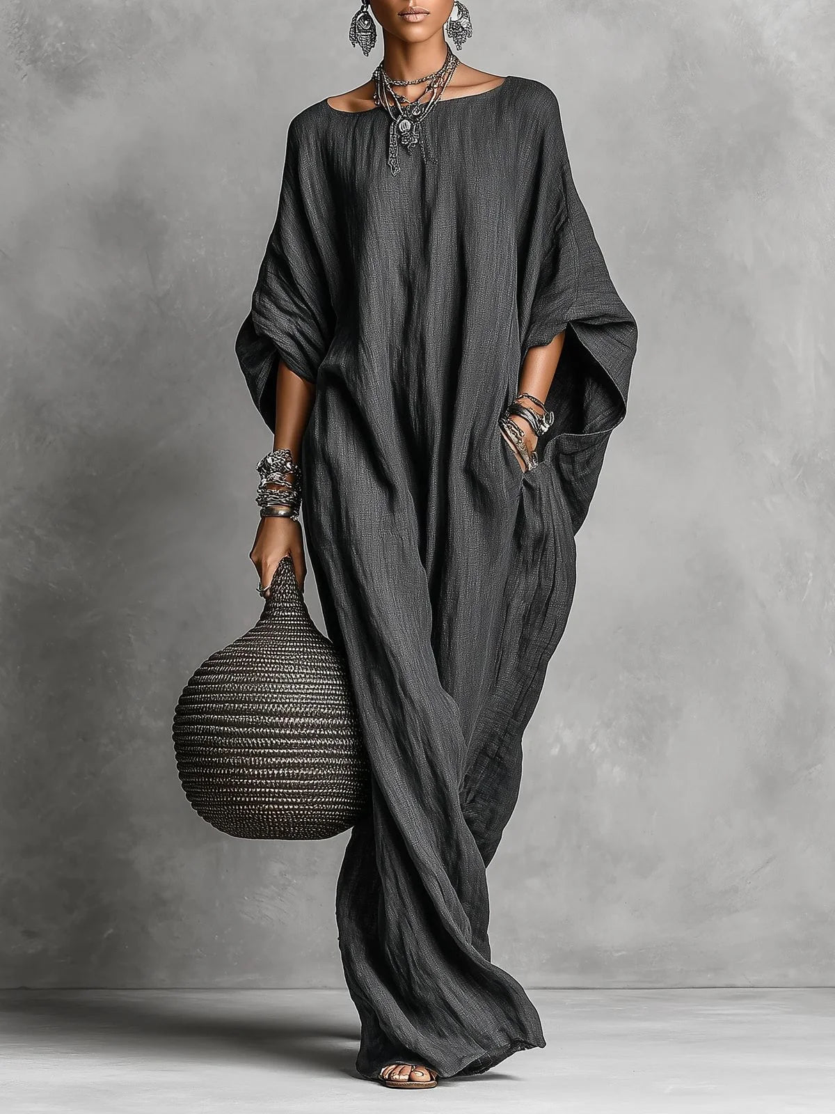 Vestido comprido minimalista e casual sem mangas em algodão e linho