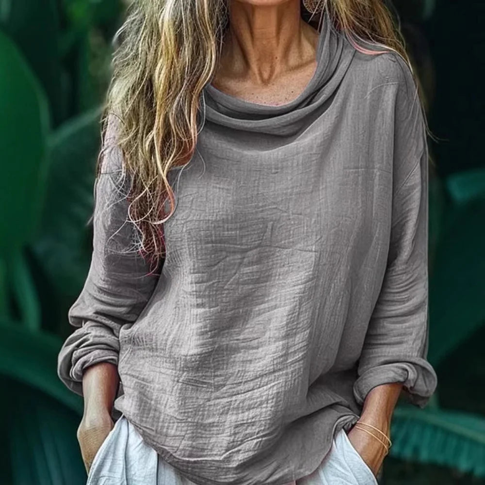 Blusa de linho para mulher, estilo boémio, simples e casual, de manga comprida