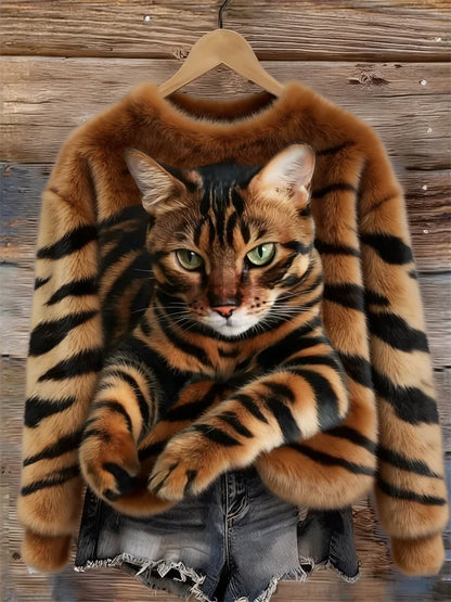 Sweatshirt de peluche confortável com estampa de gato malhado e tigre
