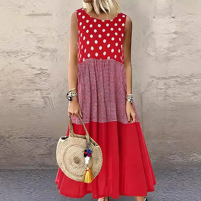 👗 Vestido de menina sem mangas com painéis às bolinhas e xadrez