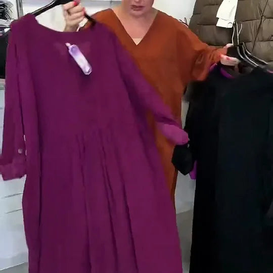 Vestido túnica plissado, solto e casual, com decote em V