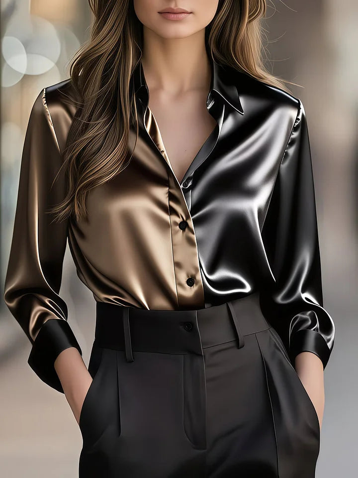 Camisa de trabalho de senhora elegante em cetim com blocos de cores