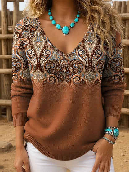 Camisola feminina retro estilo faroeste com ombros caídos