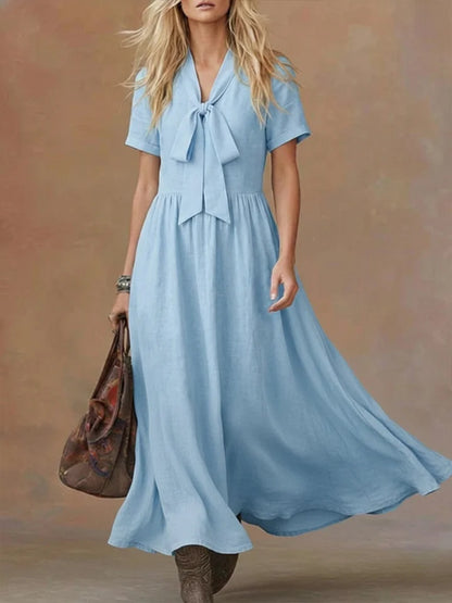 Vestido confortável em linho e algodão com atilhos na cintura