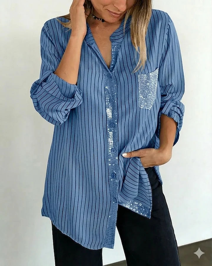 Camisa de senhora às riscas com lantejoulas