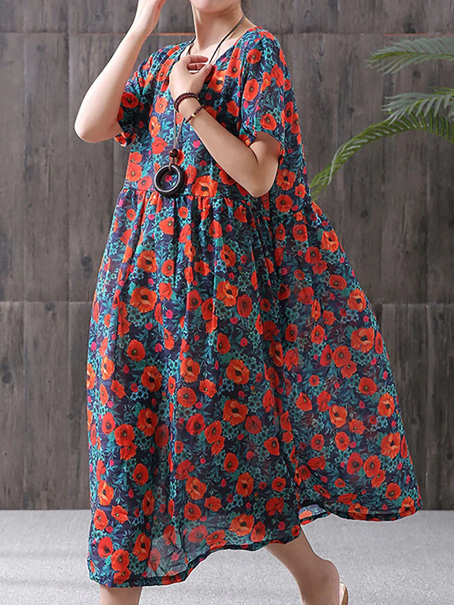 Vestido casual de mulher em algodão com estampado floral retro