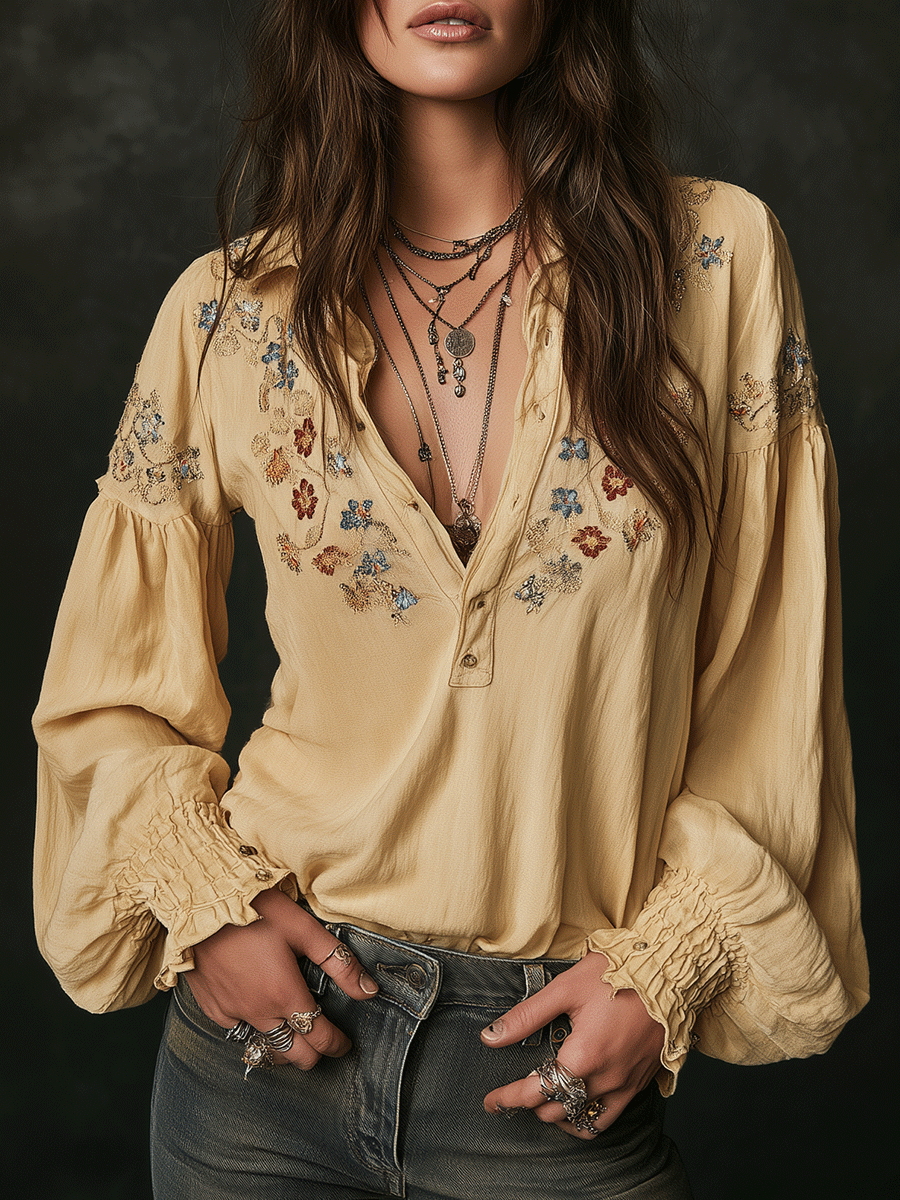Camisa casual amarela em algodão com bordado floral