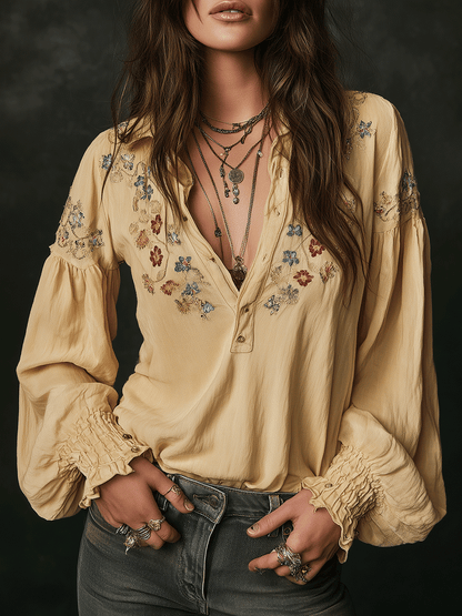 Camisa casual amarela em algodão com bordado floral