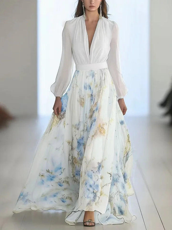 Elegante vestido comprido com estampado floral, decote em V e mangas compridas