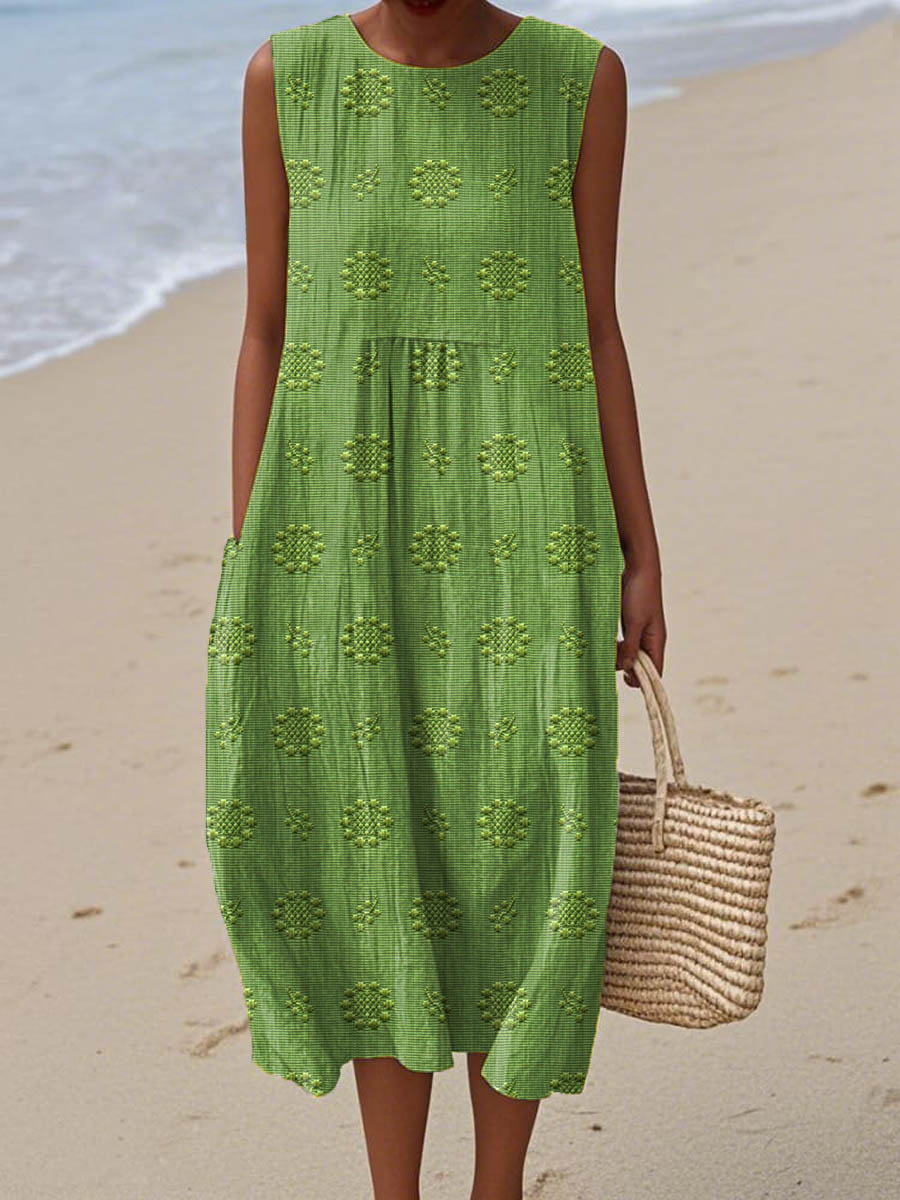 Vestido vintage para menina com estampado floral e bolso sem mangas em algodão
