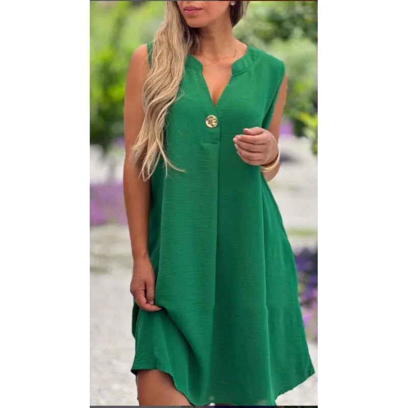 [S-2XL] 💖Vestido liso sem mangas com decote em V e botões decorativos