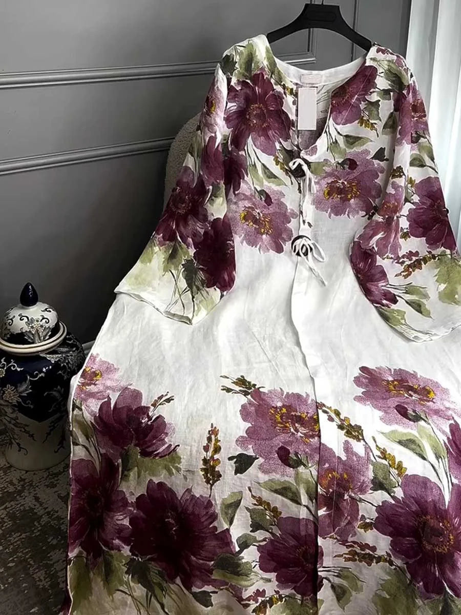 Vestido casual de mulher em algodão e linho com estampado vintage, mangas compridas e decote em V