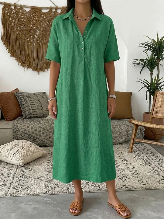Vestido polo para mulher em algodão e linho – Manga curta casual para o verão