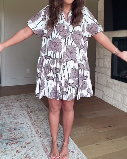 Vestido casual com estampado floral e manga abalonada