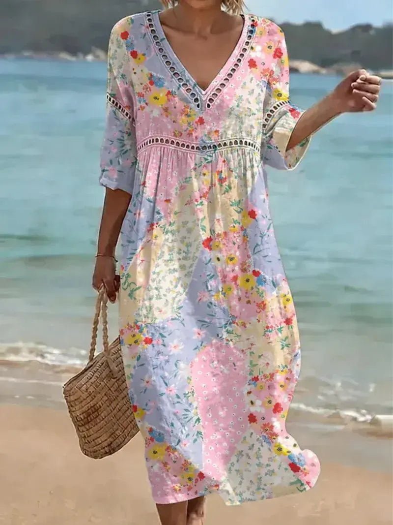 Vestido comprido para menina com estampado floral patchwork e decote em V.