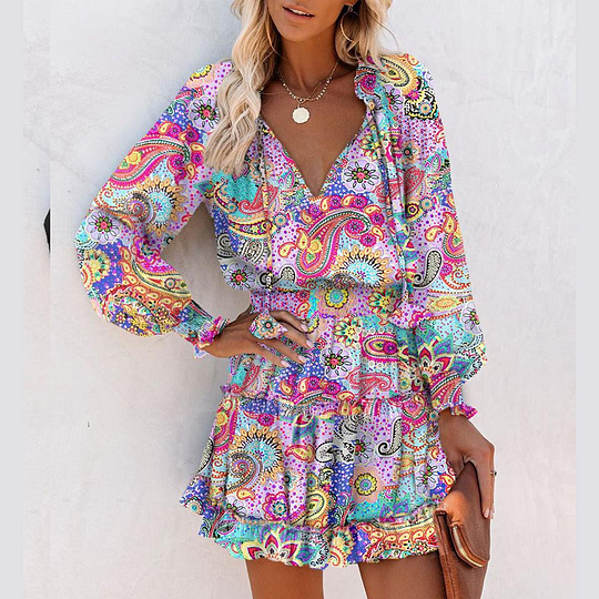 ⏳Por tempo limitado, 50% de desconto⏰Vestido curto para mulher com decote em V, manga comprida e bainha com folhos👗
