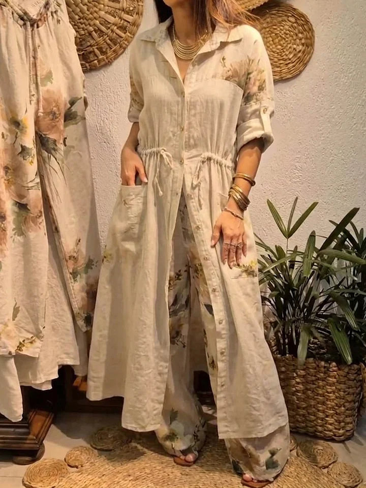 Conjunto casual de linho para mulher: Cardigan largo de manga comprida com gola e calças pantalona de cintura alta