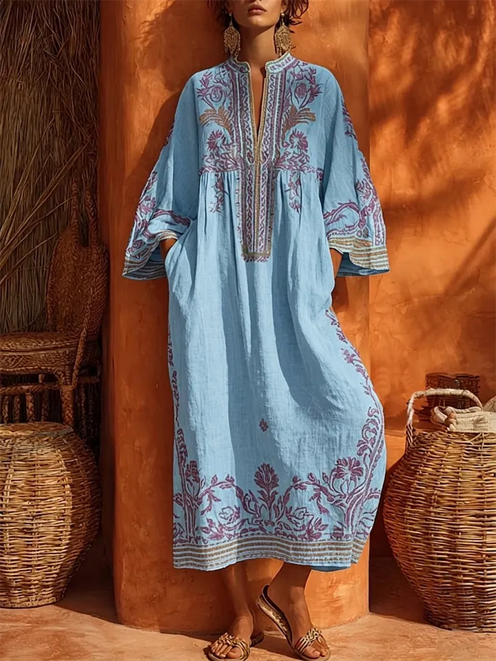 Vestido comprido de algodão e linho com estampado floral boémia