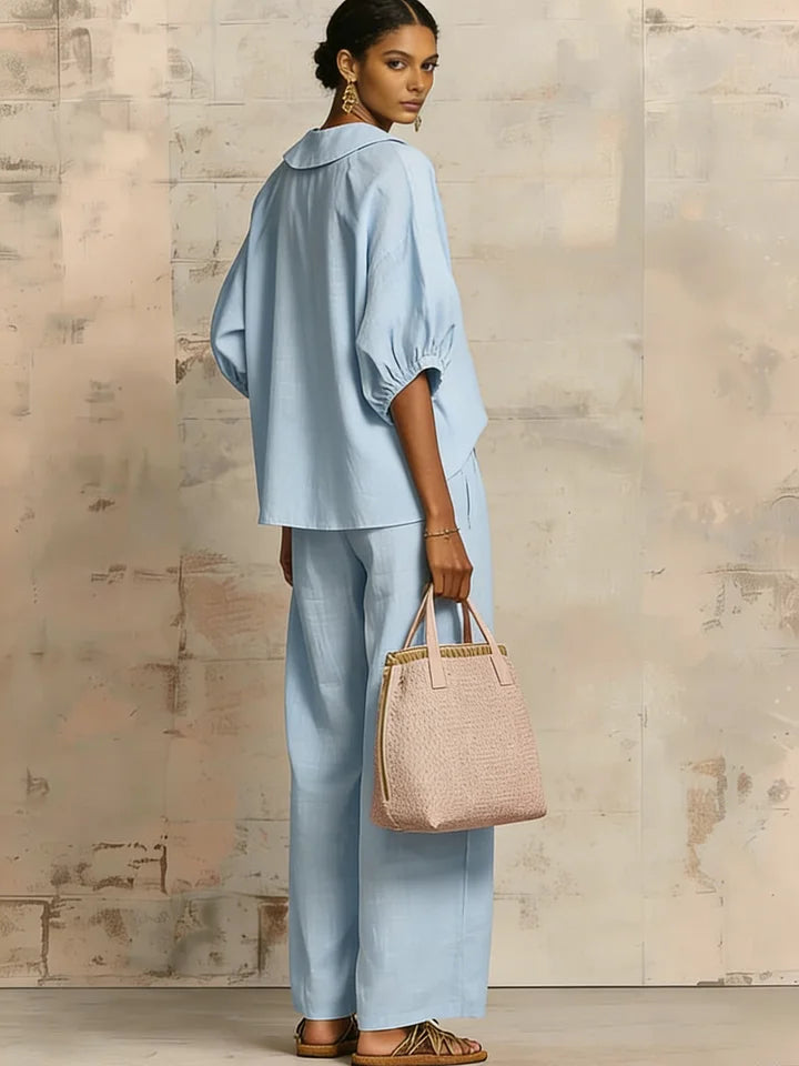 Elegante conjunto de linho de duas peças, composto por camisa e calças de pernas largas