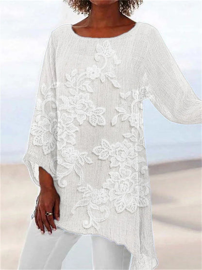 Camisa de linho bordada com renda floral vintage