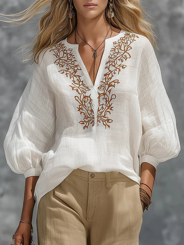 Camisa larga em linho e algodão com decote em V