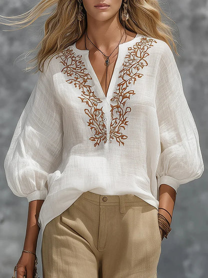 Camisa larga em linho e algodão com decote em V