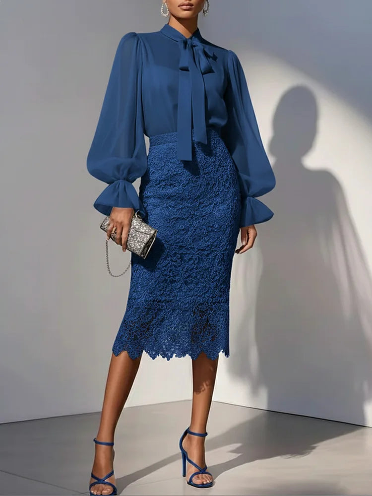 Elegante conjunto de duas peças composto por blusa de chiffon e saia de renda