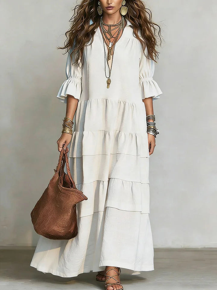 Vestido casual largo em linho e algodão com mangas curtas