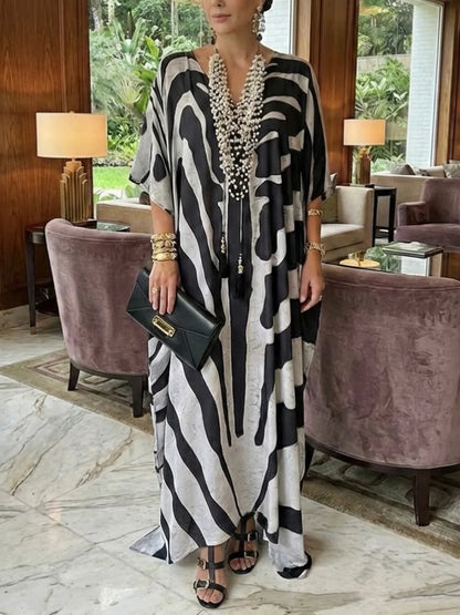 Vestido comprido folgado casual boémio com estampa animal