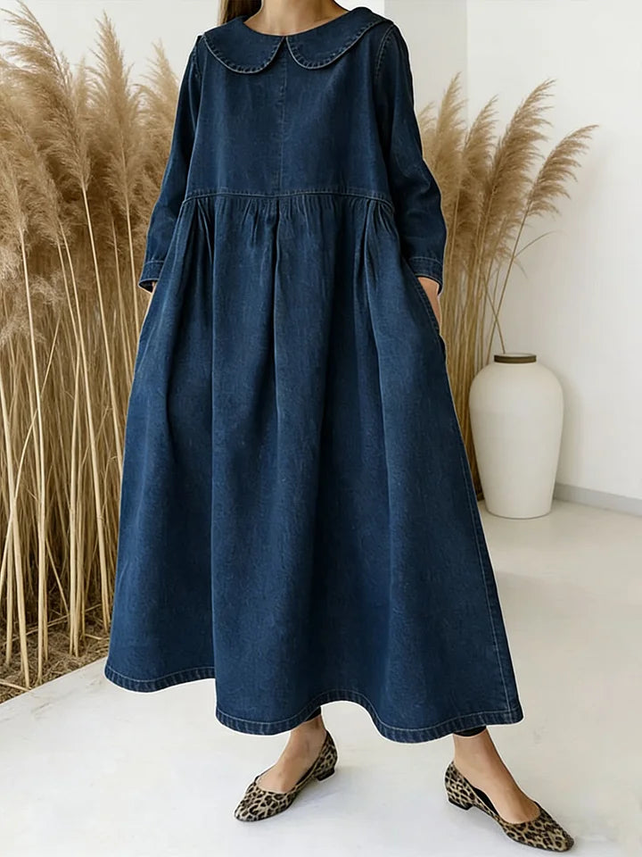 Vestido casual de ganga para mulher de manga comprida e modelagem solta