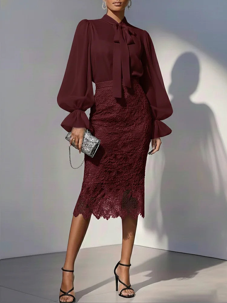 Elegante conjunto de duas peças composto por blusa de chiffon e saia de renda