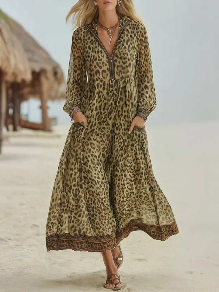 Vestido midi retro casual para mulher com estampa de leopardo