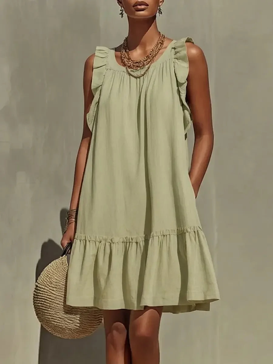 Vestido sem mangas com folhos em algodão e linho