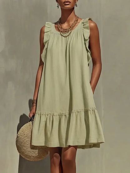 Vestido sem mangas com folhos em algodão e linho