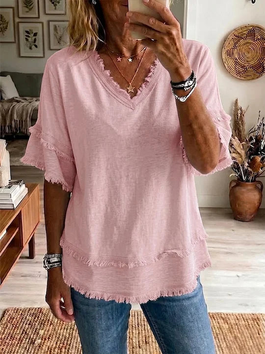 Blusa casual de linho misto com manga curta e bainha desfiada