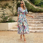 Vestido midi estampado com decote em V para mulher