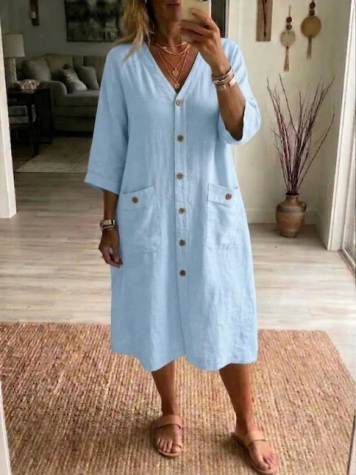 Vestido midi casual para mulher em algodão e linho com decote em V