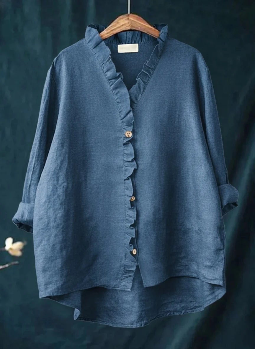 Camisa casual de mulher em algodão e linho com folhos