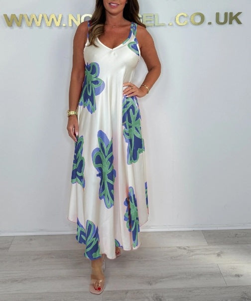 🌸Vestido comprido estampado feminino com decote em V e ombros de fora