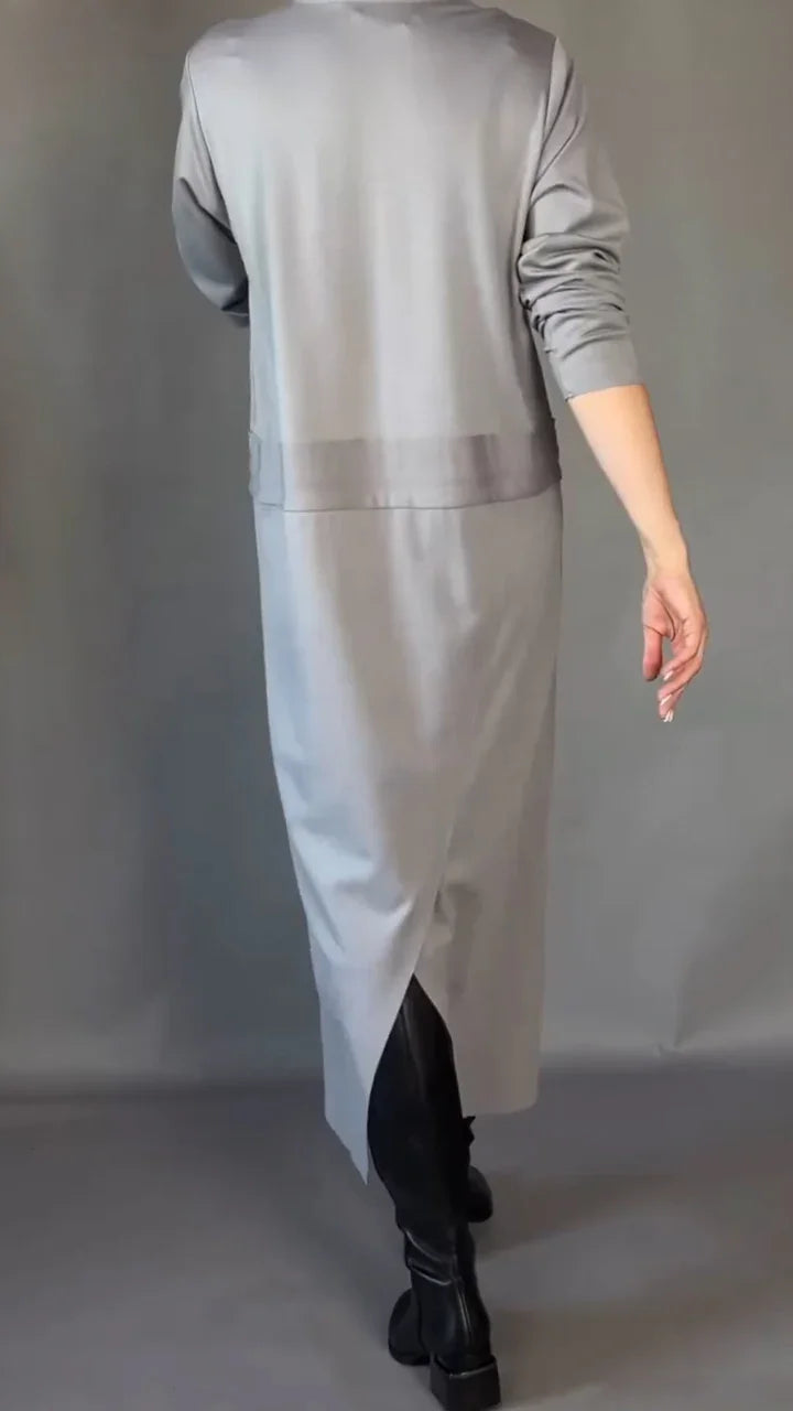 Vestido elegante para mulher com mangas compridas e cordão na cintura