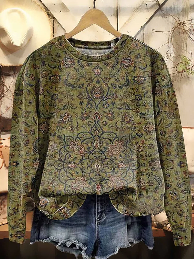 Sweatshirt casual de primavera e outono para mulher com estampado floral e gola redonda e manga comprida