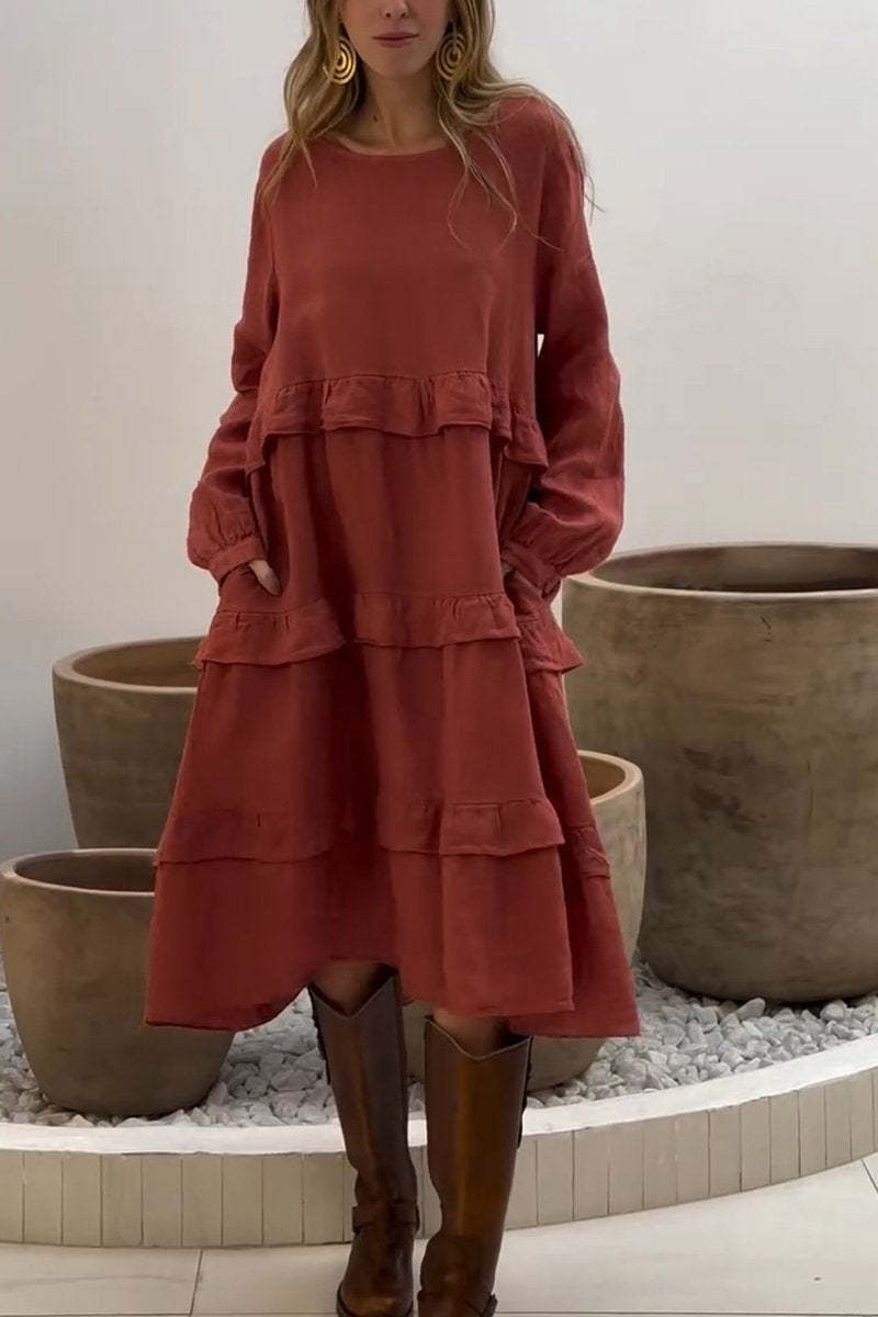 Vestido casual de mulher em algodão e linho com gola redonda e cor sólida