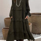 Vestido casual de mulher em algodão e linho com gola redonda e cor sólida