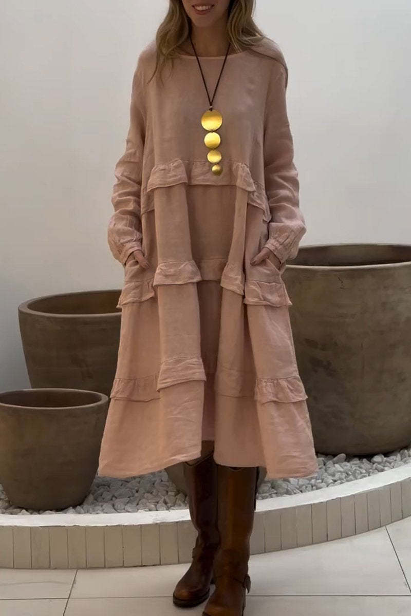 Vestido casual de mulher em algodão e linho com gola redonda e cor sólida