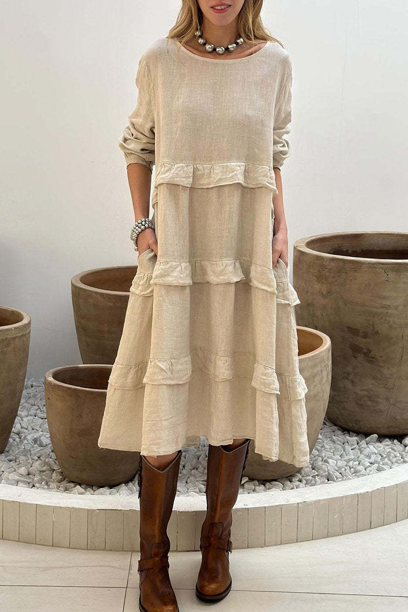 Vestido casual de mulher em algodão e linho com gola redonda e cor sólida