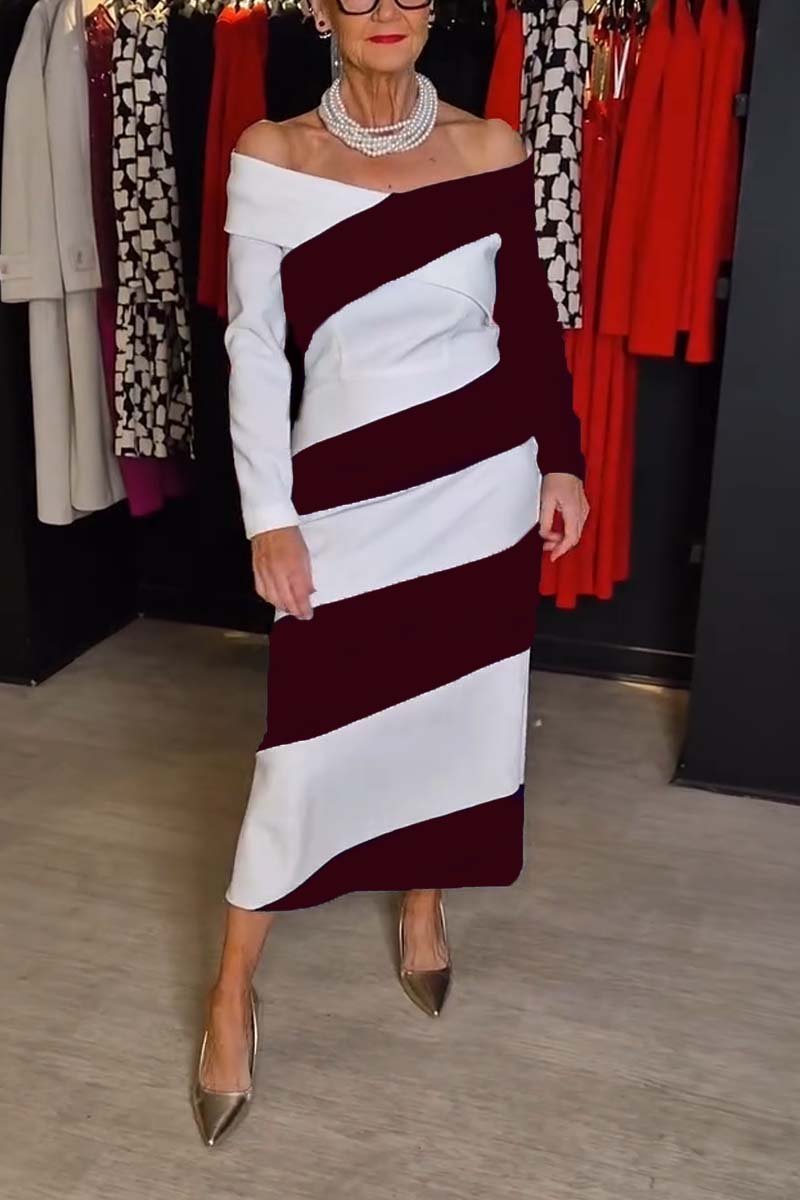 Vestido feminino elegante e às riscas com ombros largos