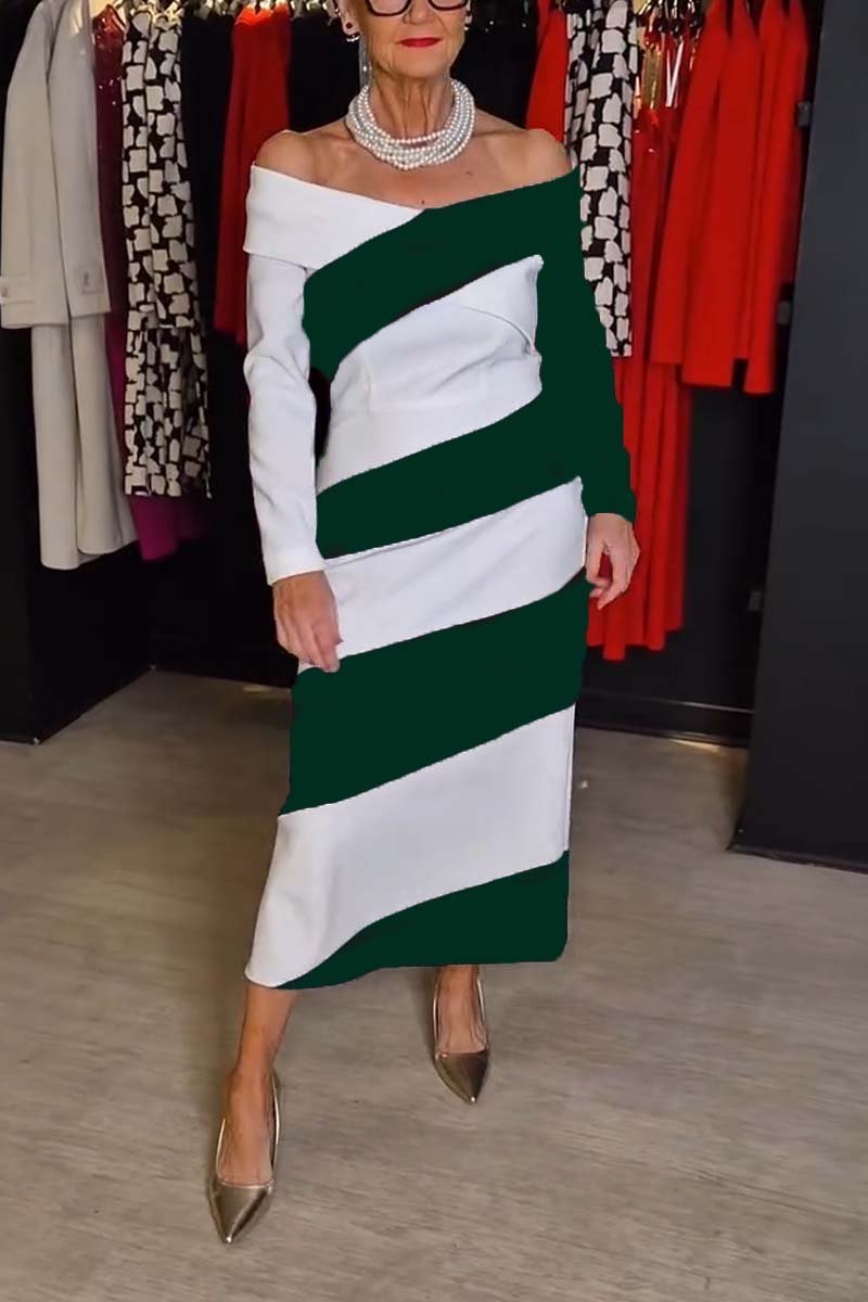 Vestido feminino elegante e às riscas com ombros largos