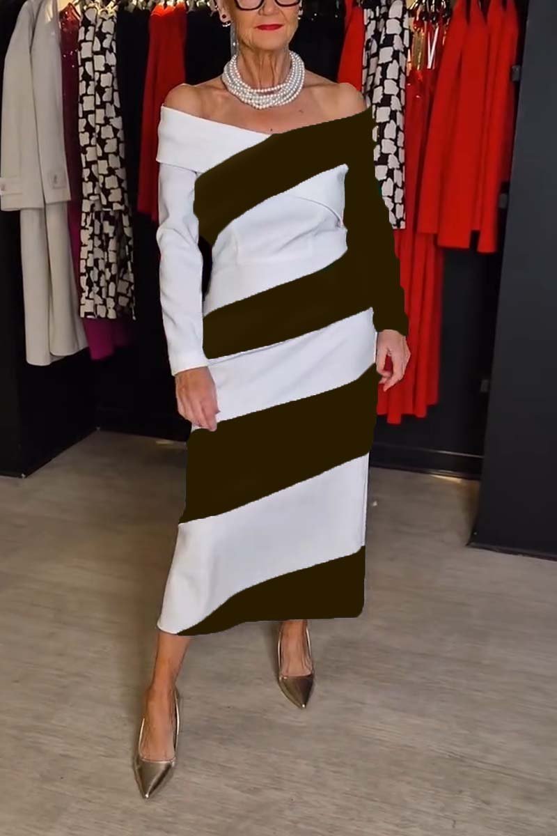 Vestido feminino elegante e às riscas com ombros largos