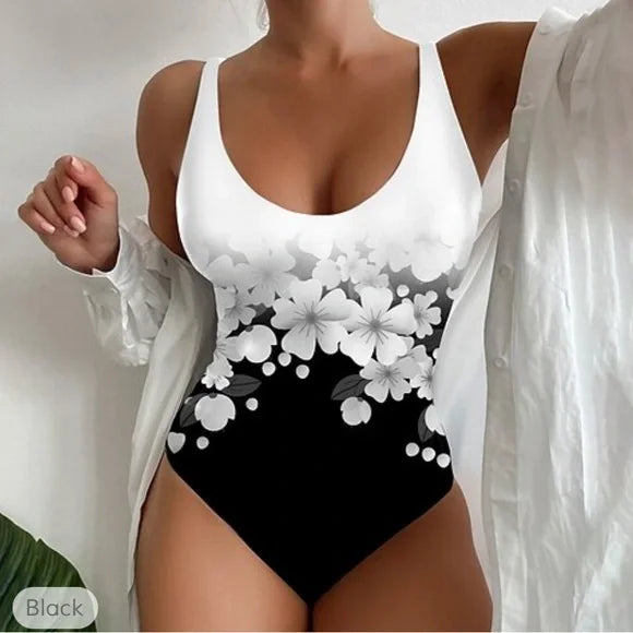 [Compre um e leve outro grátis] Fato de banho com estampado floral | Preto e branco