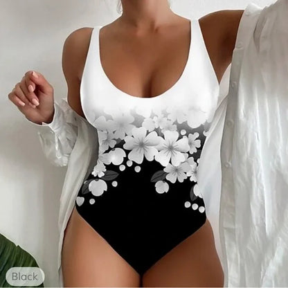 [Compre um e leve outro grátis] Fato de banho com estampado floral | Preto e branco